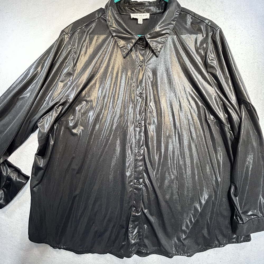 Skies Are Blue Black Metallic Women's Button Blouse 3X Curvy Fit Long Sleeve
